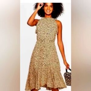 Who What Wear Leopard Midi-Dress with Halter-Top & Ruffles, Size XS